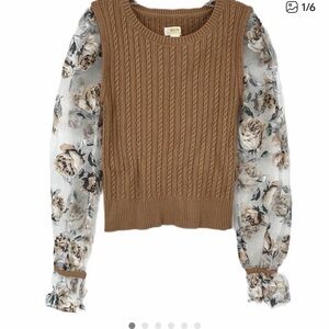Maeve Anthropologie Tan Cable Knit Sweater with Floral Sheer Sleeves